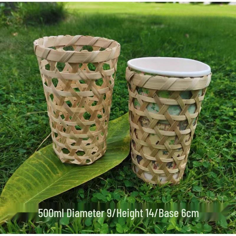 Bamboo Woven Drink Set: Milk Tea Cups, Ice Cream Cups & Basket