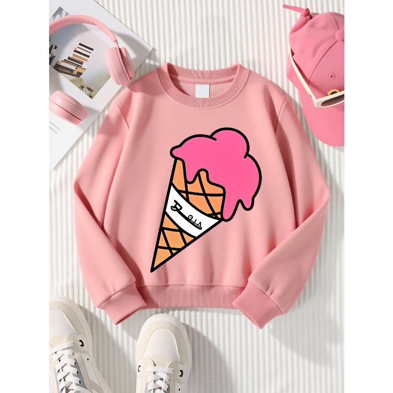 European sizes Girls Soft Crewneck Sweatshirt Pink Ice Cream Cone with Waffle Pattern, Casual All-Match, Ideal Holiday Present
