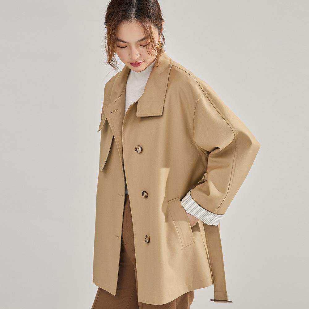 

Осень новый通勤 темперамент свободный силуэт драпировка ретро стойка воротник средней длины тренч женщины 22353 L хаки