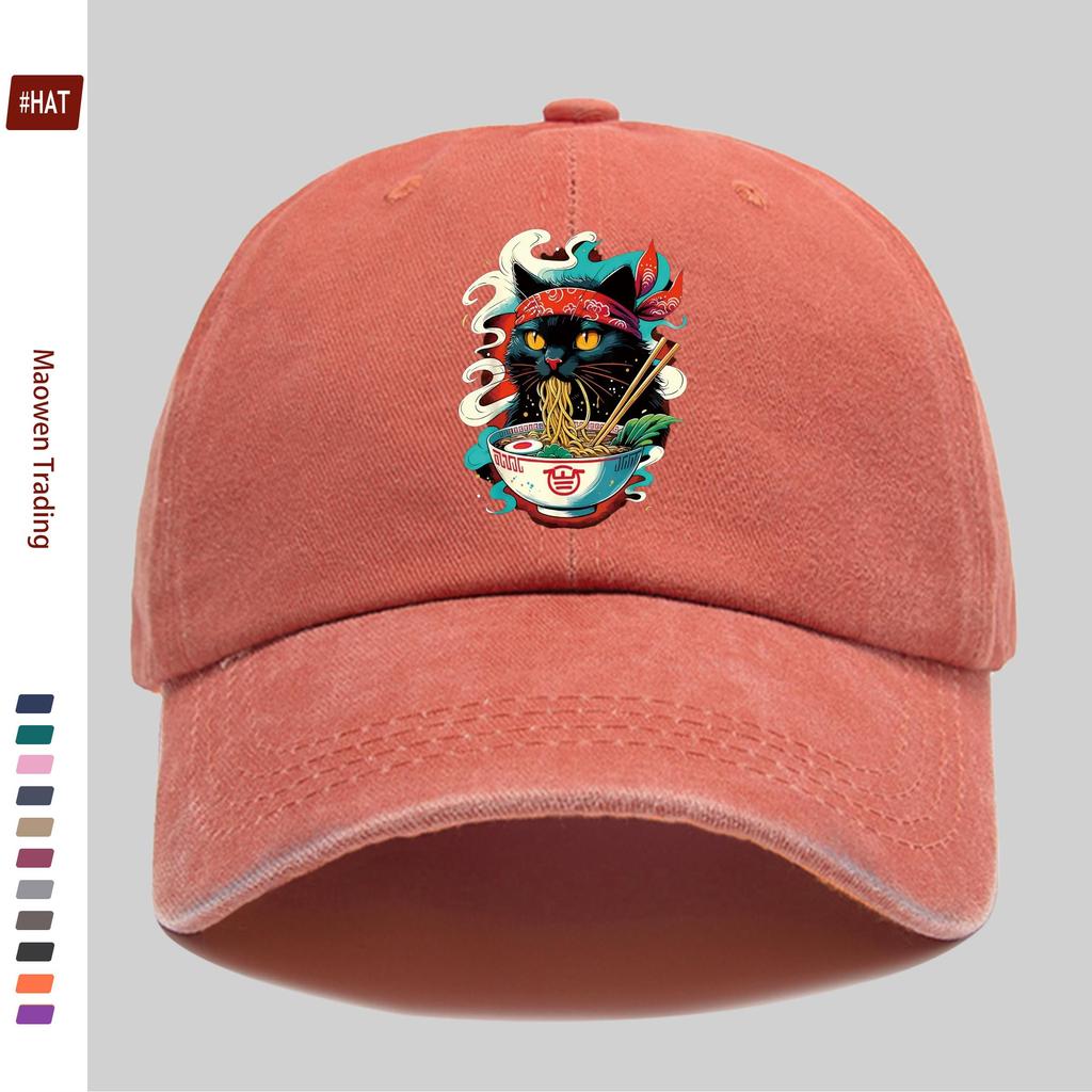 pc Japanese Anime Cat Ramen Print Trucker Cap Adjustable Buckle Strap Washed Baseball Hat Suitable for Men Women Vintage