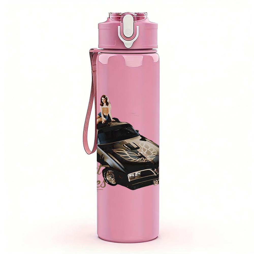 1PC Retro car driving landscape print 750ml colorful plastic sports water bottle leakproof pop up lid with straw for outdoor work home use