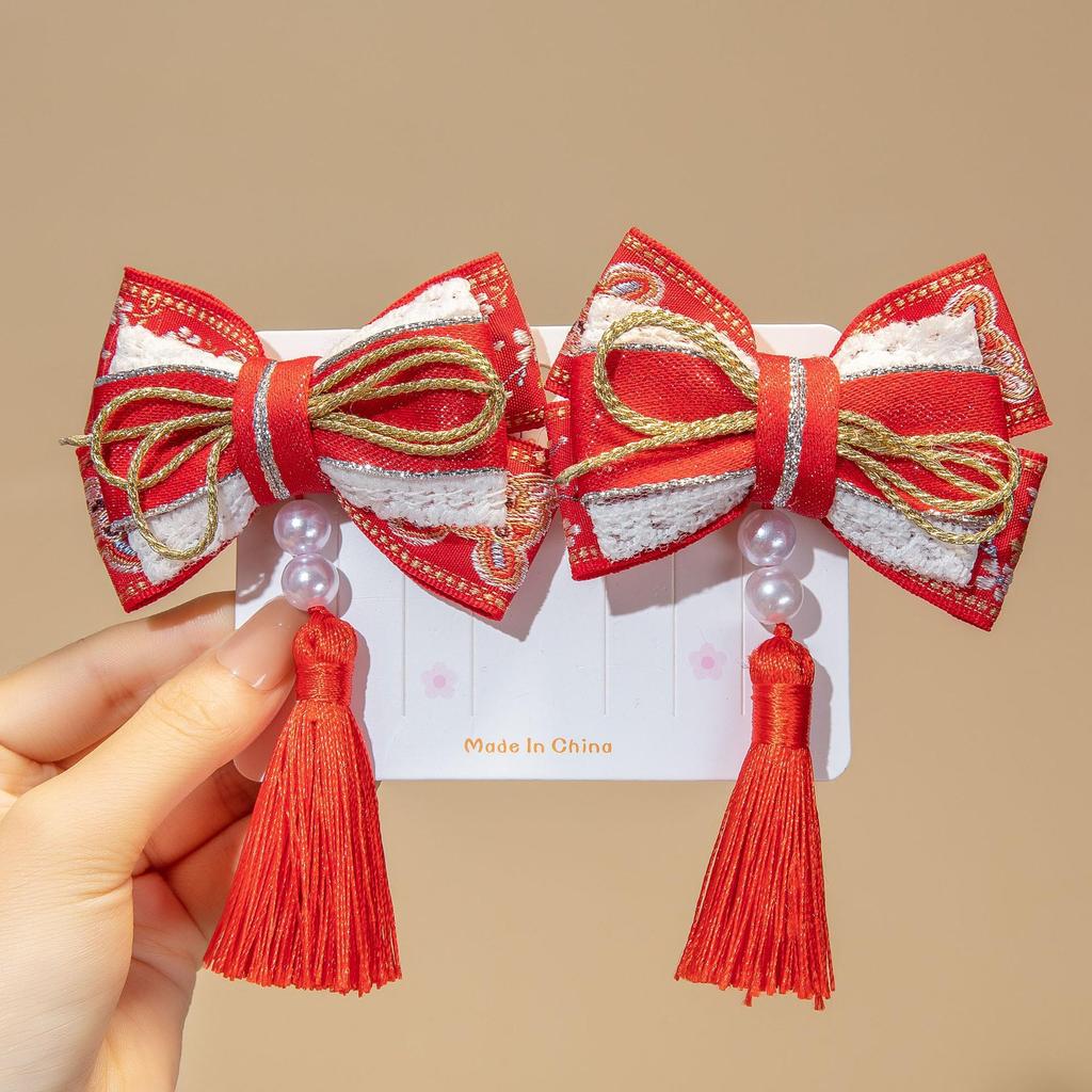 Red New Year Hanfu Hair Clips for Girls - Chinese Style Floral Headwear