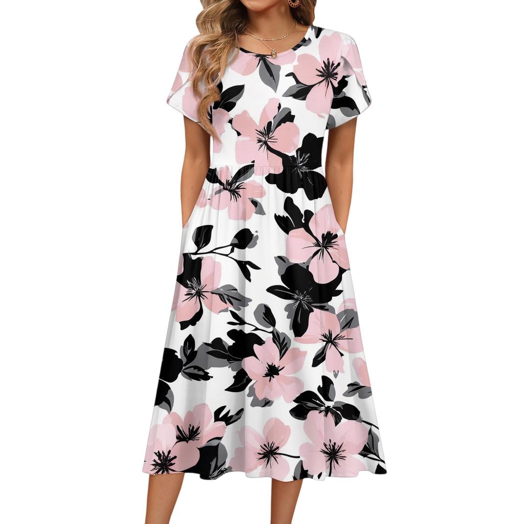 Women's Fashion Summer Round Neck Short Sleeve Floral Printed Beach Dresses