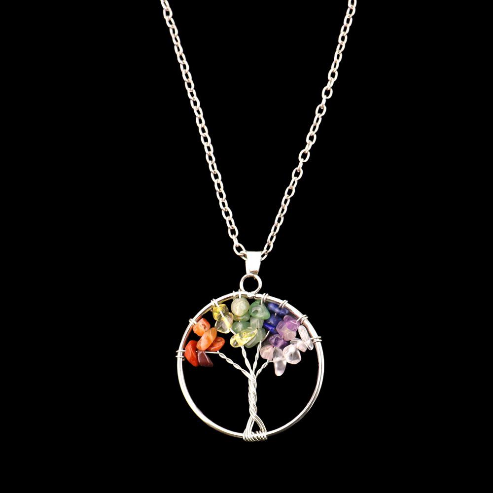 7-Color Natural Stone Crystal Tree Pendant Necklace - Handmade Wire-Wrapped Life Tree Jewelry Ornament