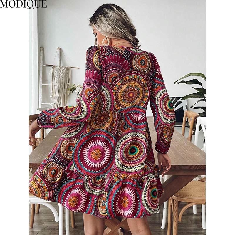 MODIQUE 2025 Sommer Neue frauen Sexy Geometrische Drucken Laterne Hülse Volant Kurze Kleid Damen Casual A-linie Heißer V-ausschnitt Kleid