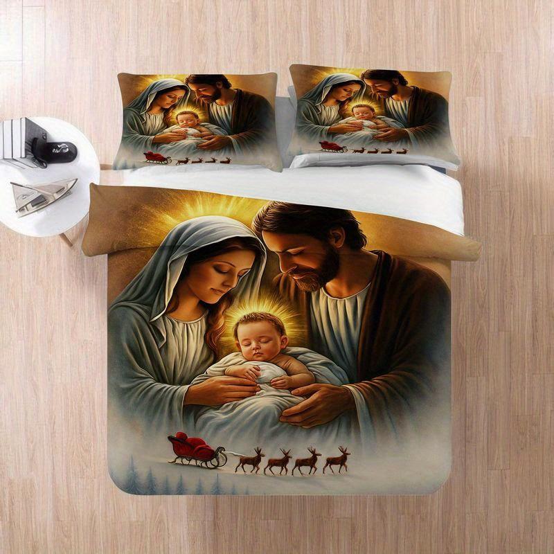 Set of 3 Nativity Scene Featuring The Holy Family, Christmas-Themed Duvet Cover And Pillowcase, with a Radiant Design