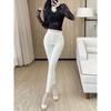 South Korea Dongdaemun Autumn New White High Waist Tight Slimming Elastic Frayed Pipe Pants Women Capri Jeans