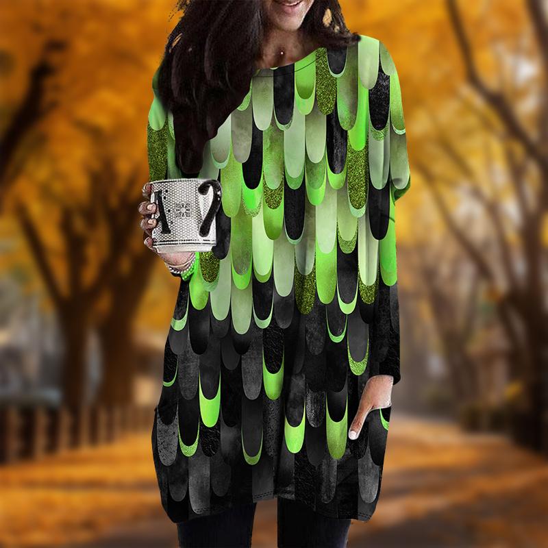 New In Autumn Raindrop Print Plus Size Dress Women O'neck Long Sleeves Casual Pocket Dresses