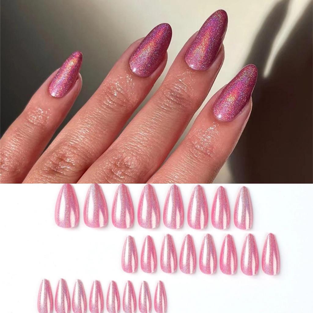 24 Pcs Simple Pink Press On Nails With Silver Glitter Powder Decor Removable Fake Nail Tips Set
