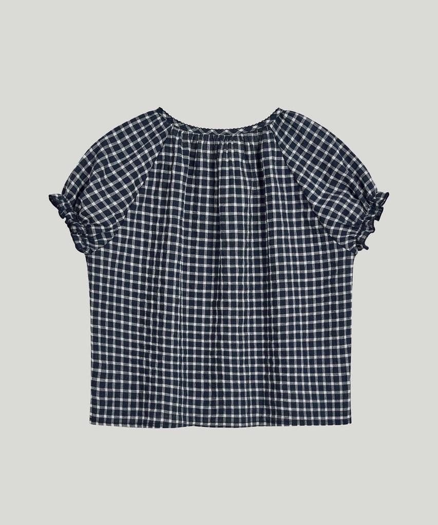 Poeteuseoul Checked Puff Sleeve Blouse_Navy