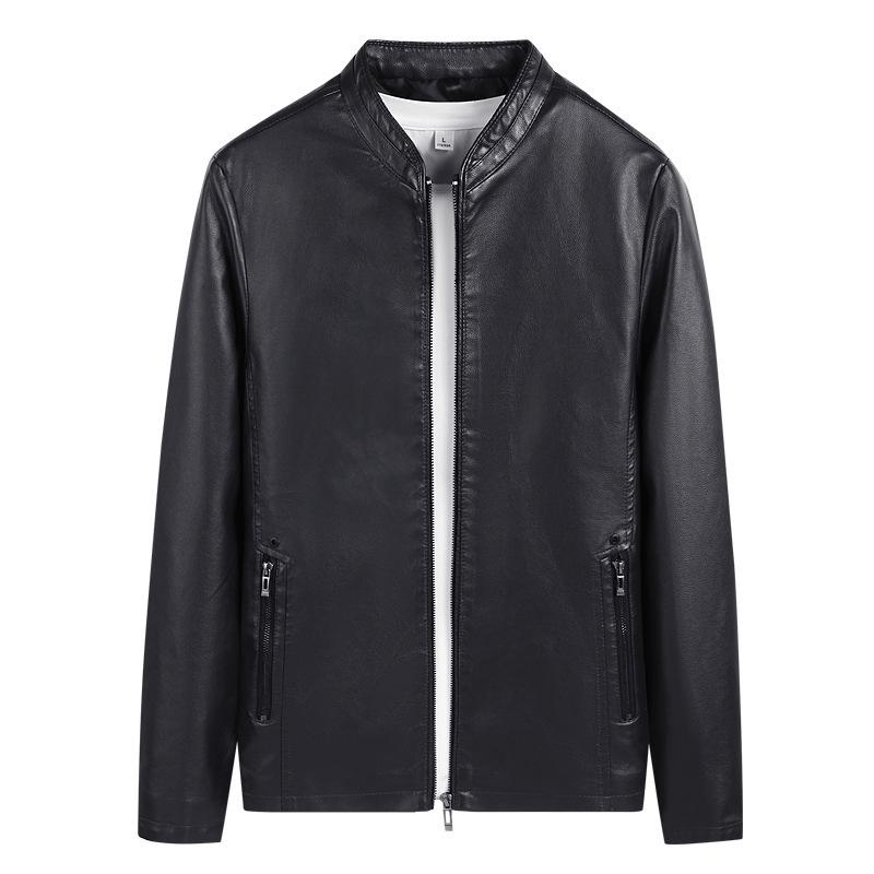 Autumn and winter men's leather jacket fashion trend velvet casual leather jacket men's multi-bag stand-up collar locomotive