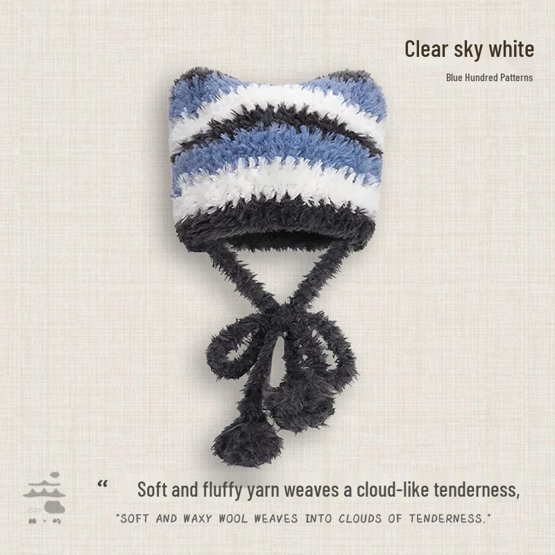 

Korean Style Cat Ear Earmuff Hat - Cute, Warm, Dual-Use, Knitted Slouchy with Color Block Stripes