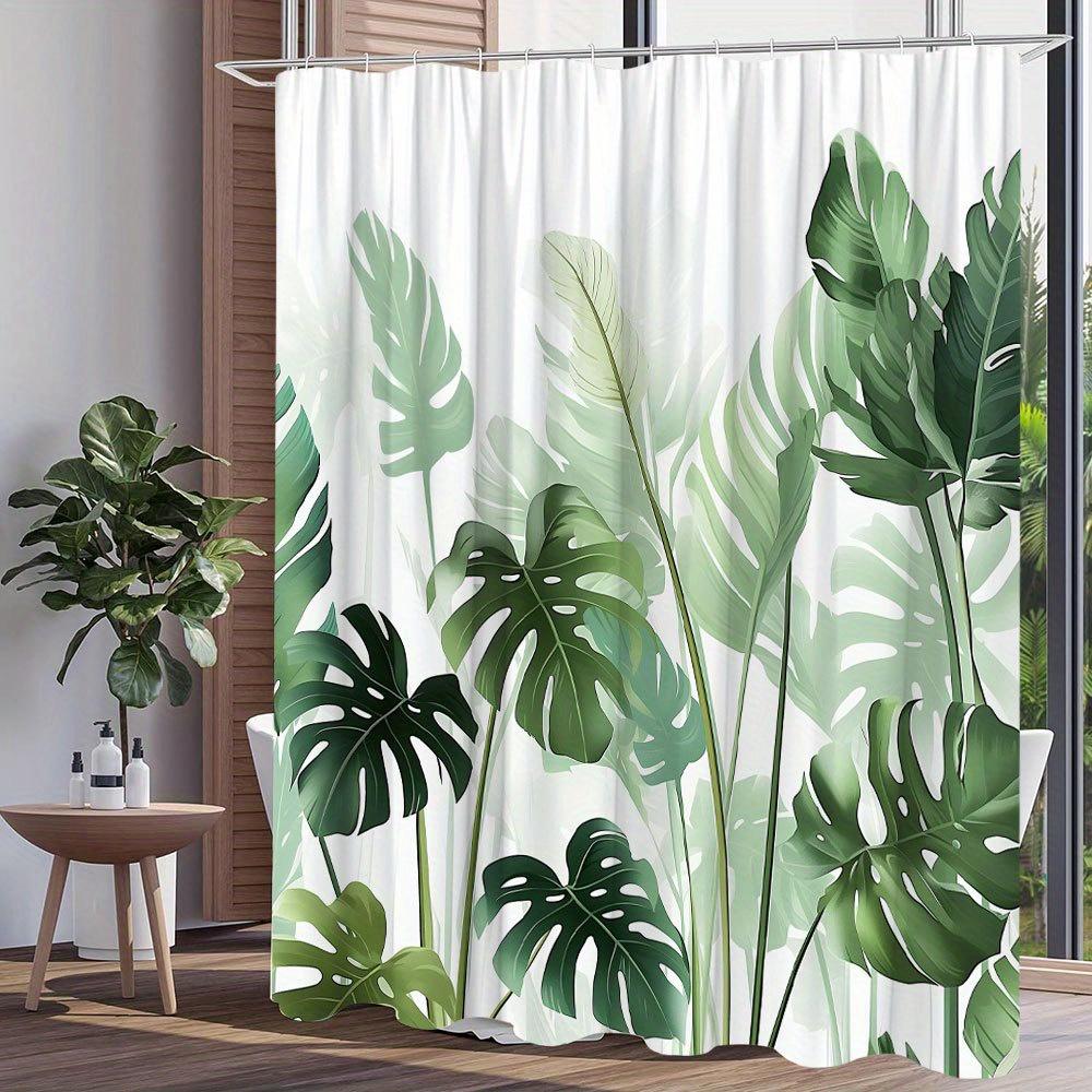 1Pc Tropical Monstera Calathea Leaves Shower Curtain, Lush Green Foliage With Detailed Textures On White Background