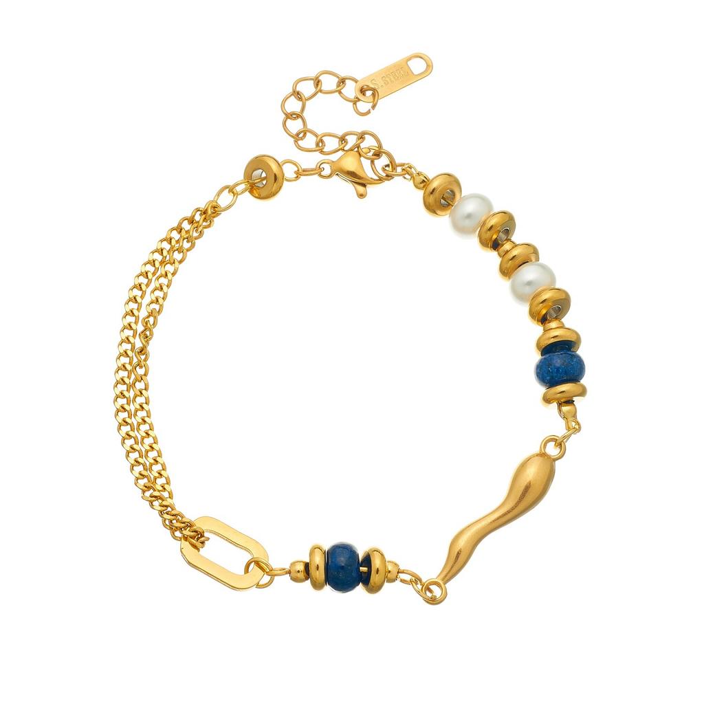 Fashionable retro niche irregular beaded bracelet, versatile and high-end, made of lapis lazuli, pearls, and stainless steel