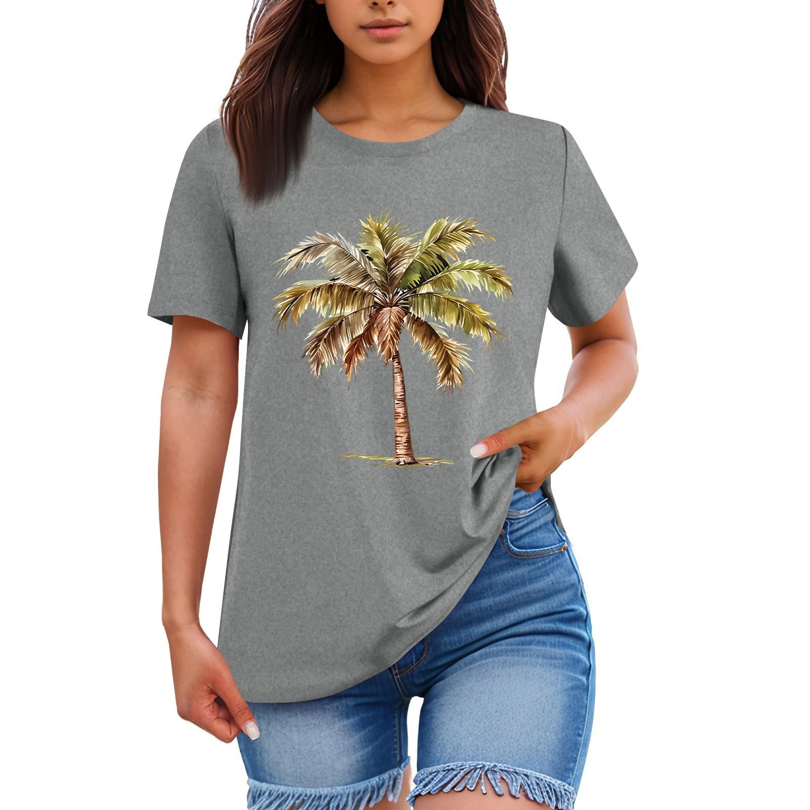 

Ladies Loose Comfortable Casual And Fashionable Hawaiian Plant Print Round Neck Short Sleeved Shirt S