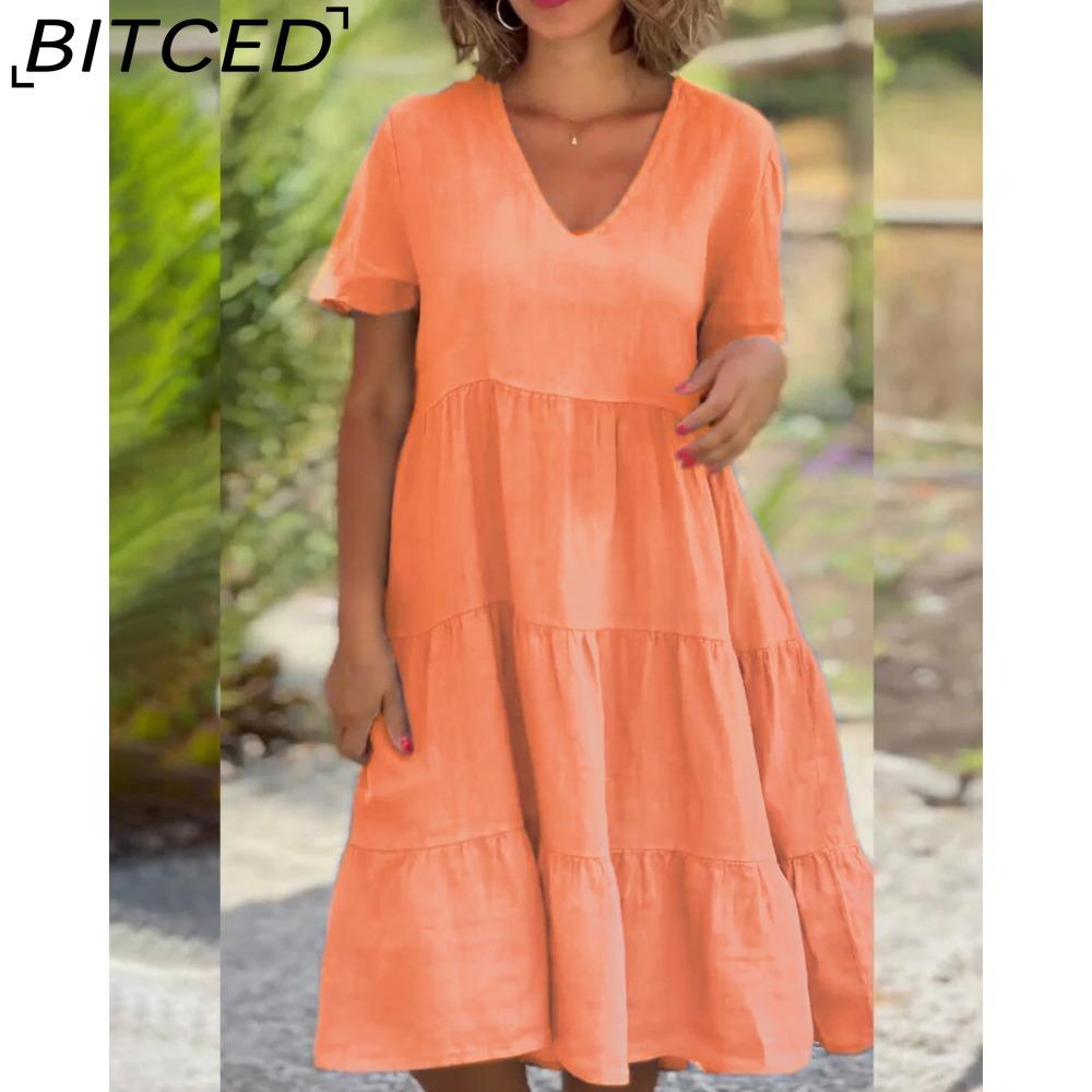 BITCED Women Fashion Summer Spring Fresh and Cute Solid Color Print Short Sleeve V-neck Big Loose Casual Dresses