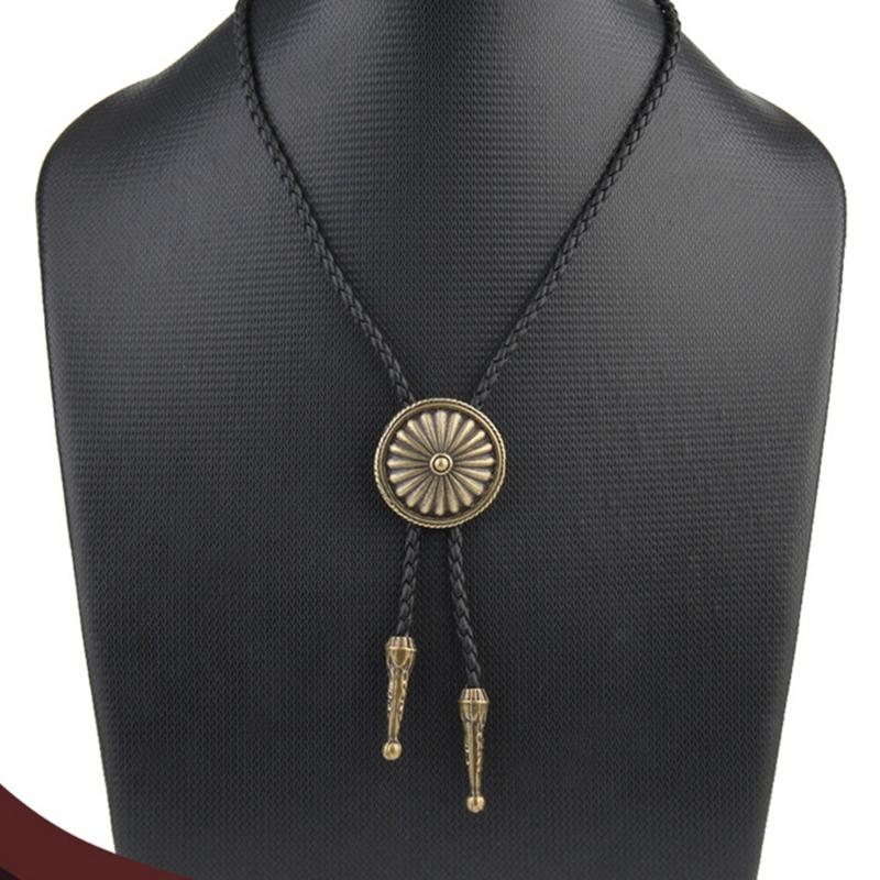 Mens Bolo Tie Necktie Faux Leather Braided Rope Necklace with Metal Round Flower Pendant Jewelry Cowboy Hat Accessories