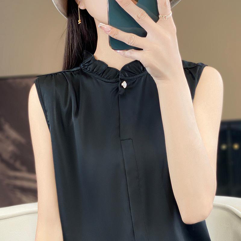 Elegant Satin Stand Collar Sleeveless Layered Shirt for Women