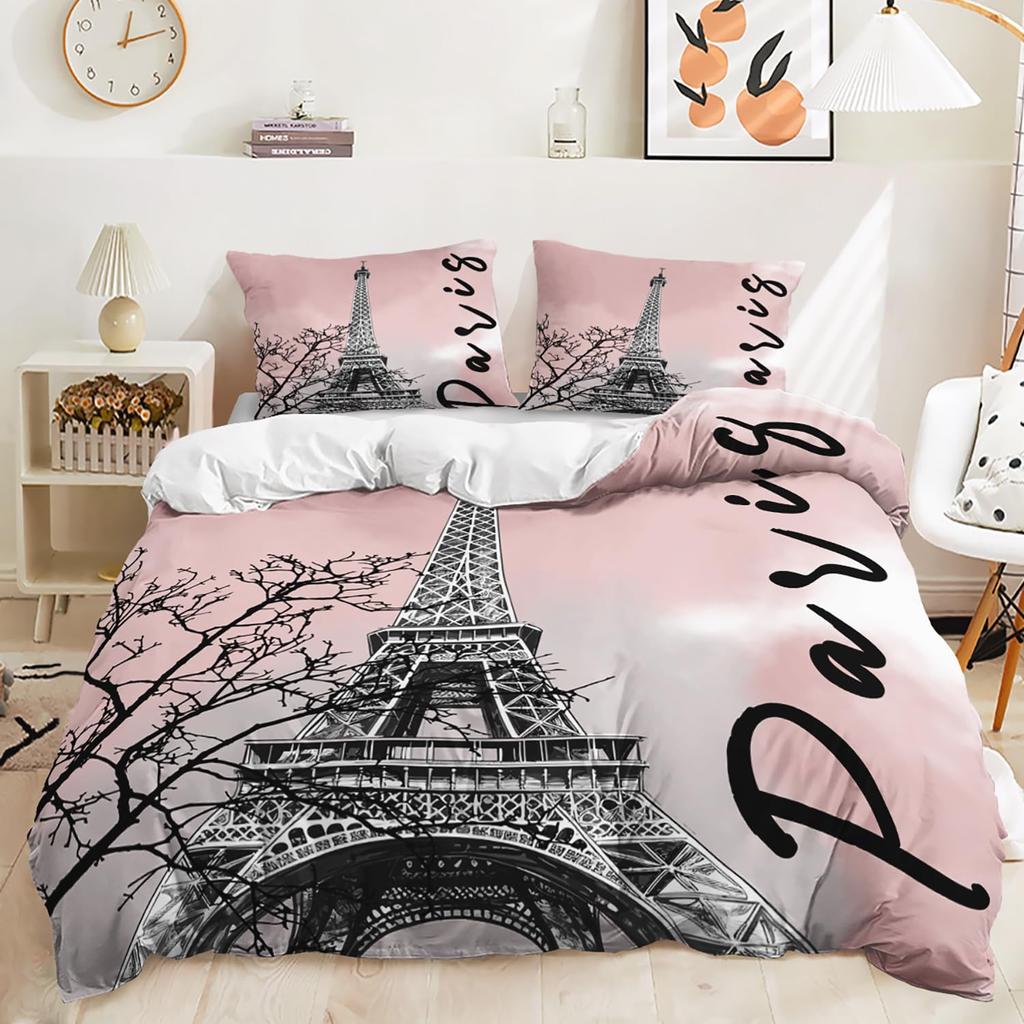 Comforter Romantic Eiffel Tower Microfiber Floral Bedding Set Paris Cityscape Twin Comforter For Girls Teen Adult Room
