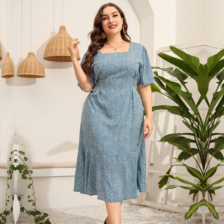 

Slim High Waist Plus Size Women s Floral Summer Dress Square Neck Short Sleeve Fishtail XL 5XL 5XL синій