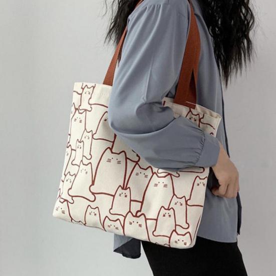 Women Canvas Bag Cat Pattern Zipper Design Tote Bag Large Capacity Japanese Style Lightweight Shoulder Bag