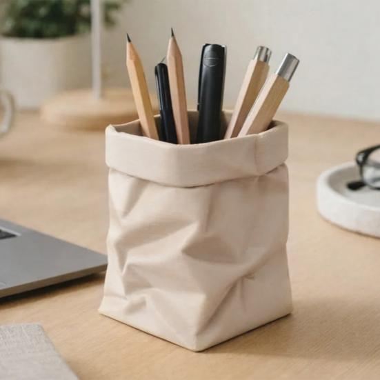 Yousheng Paper Bag Style Pen Holder Wrinkle Texture PLA Desktop Organizer for Office School Home Multi-Purpose Storage for Brushes Remote Rustic