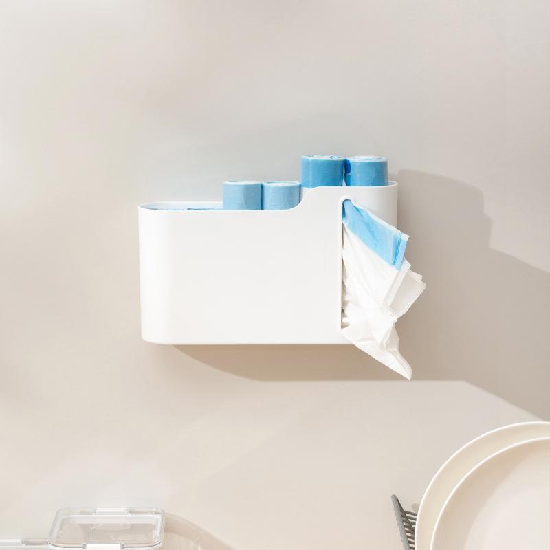 Wall Hanging Nail-Free Plastic Garbage Bag Holder Mounted Trash Bag Storage Box Cotton Pad Container For Home Kitchen Bathroom