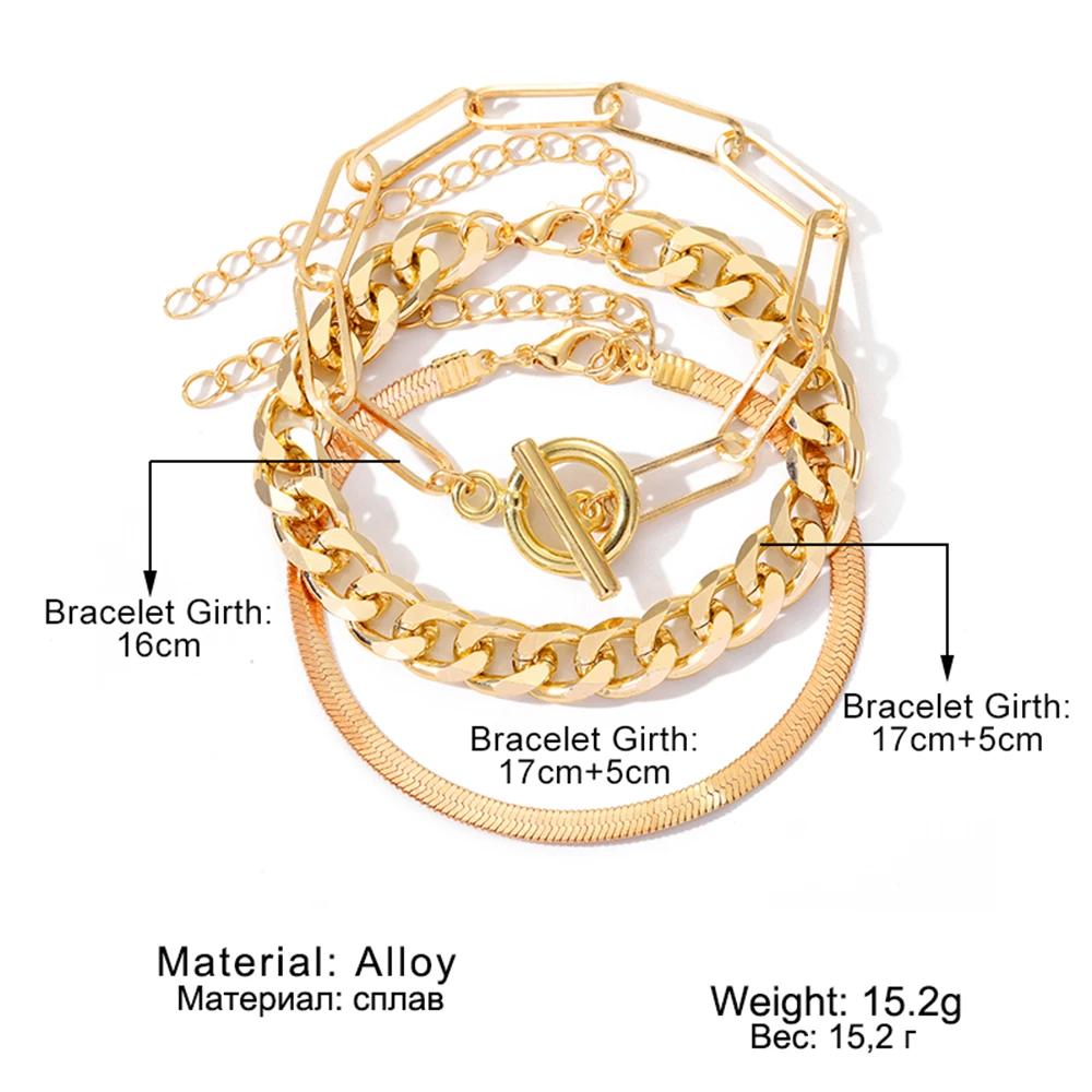 3PCS Fashion Thick Chain Link Bracelets for Women Vintage Snake Chain Gold Color Silver Color Bangles Bracelets Set Punk Jewelry