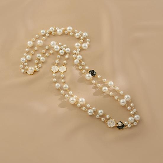 Women Necklace Double Layers Faux Pearl Camellia Decor Sweater Decoration Contrast Color Stainless Smooth Adjustable Women Jewelry