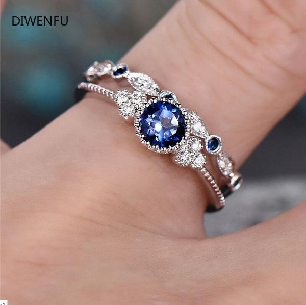 925 Silver 2pc Set Jewelry Sparkling Perfect Blue Green Round Cut Zircon Stone Rings for Women Engagement Engagement Ring Gift