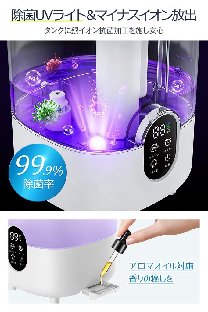 Large Capacity 4.5L Humidifier [New Model for 2025 - Top-Filled, UV Sterilization & Antibacterial, Negative Ion Technology] Ultrasonic Humidifier, Tab