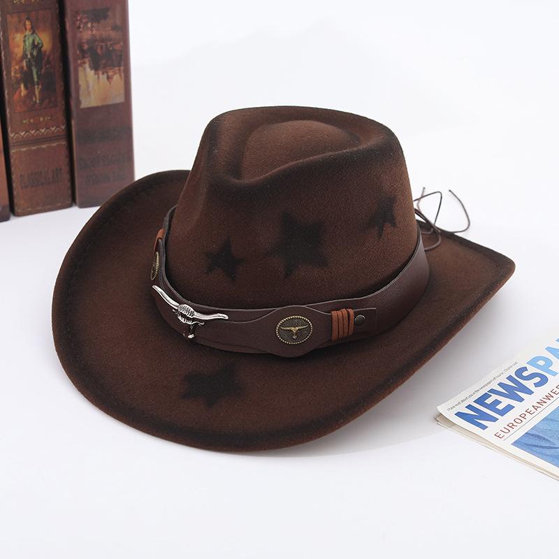 Western Cowboy Hat Wool Jazz Top Hat Ethnic Style Versatile Bullhead Hat Strap