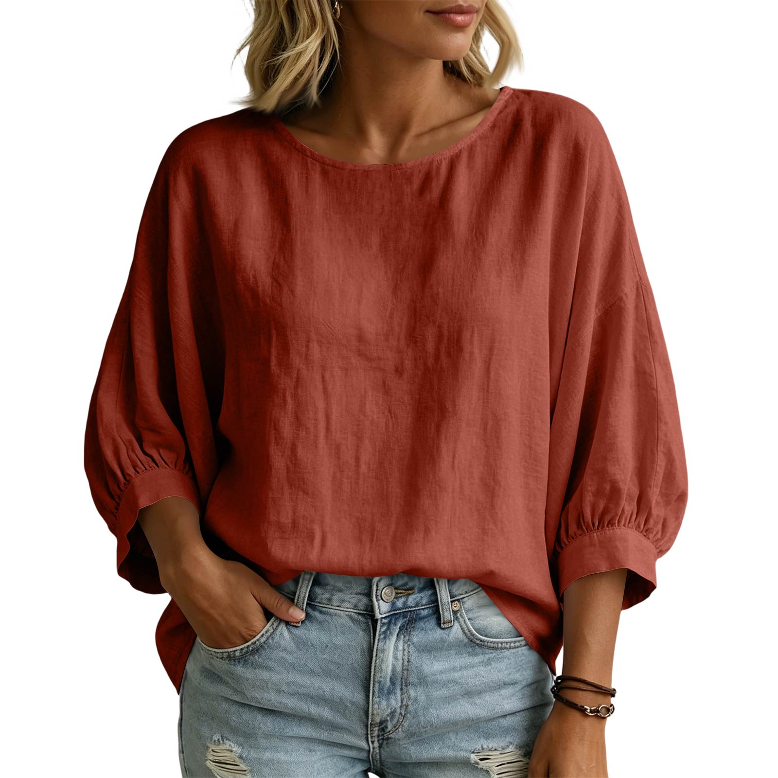 Women s Casual Three-Quarter Sleeve Cotton Linen Shirt, Round Neck Loose Fit XXL