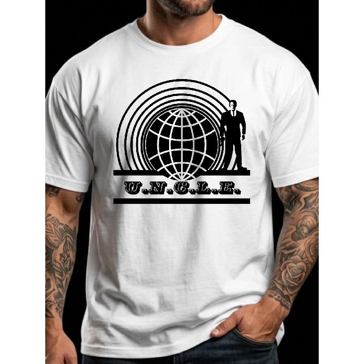 U N C L E Logo with Globe And Agent T Shirt Summer Men's T-Shirt White Black Tee Retro Spy Theme Gift for Fans Of Classic Tv Series