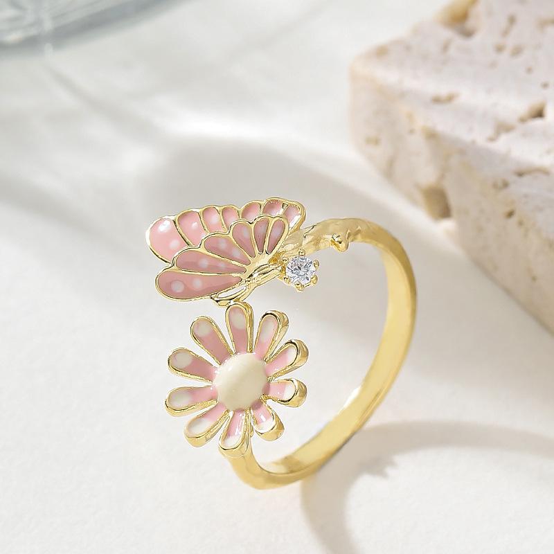 

French light luxury fashion small fresh enamel drop glaze butterfly flower ring women s non-fading adjustable opening ring Adjustable opening розовый