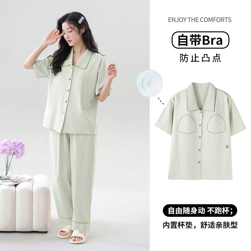 Summer women's pajamas with chest pads 1011 new pure cotton can be worn outside cardigan lapel summer simple home clothes