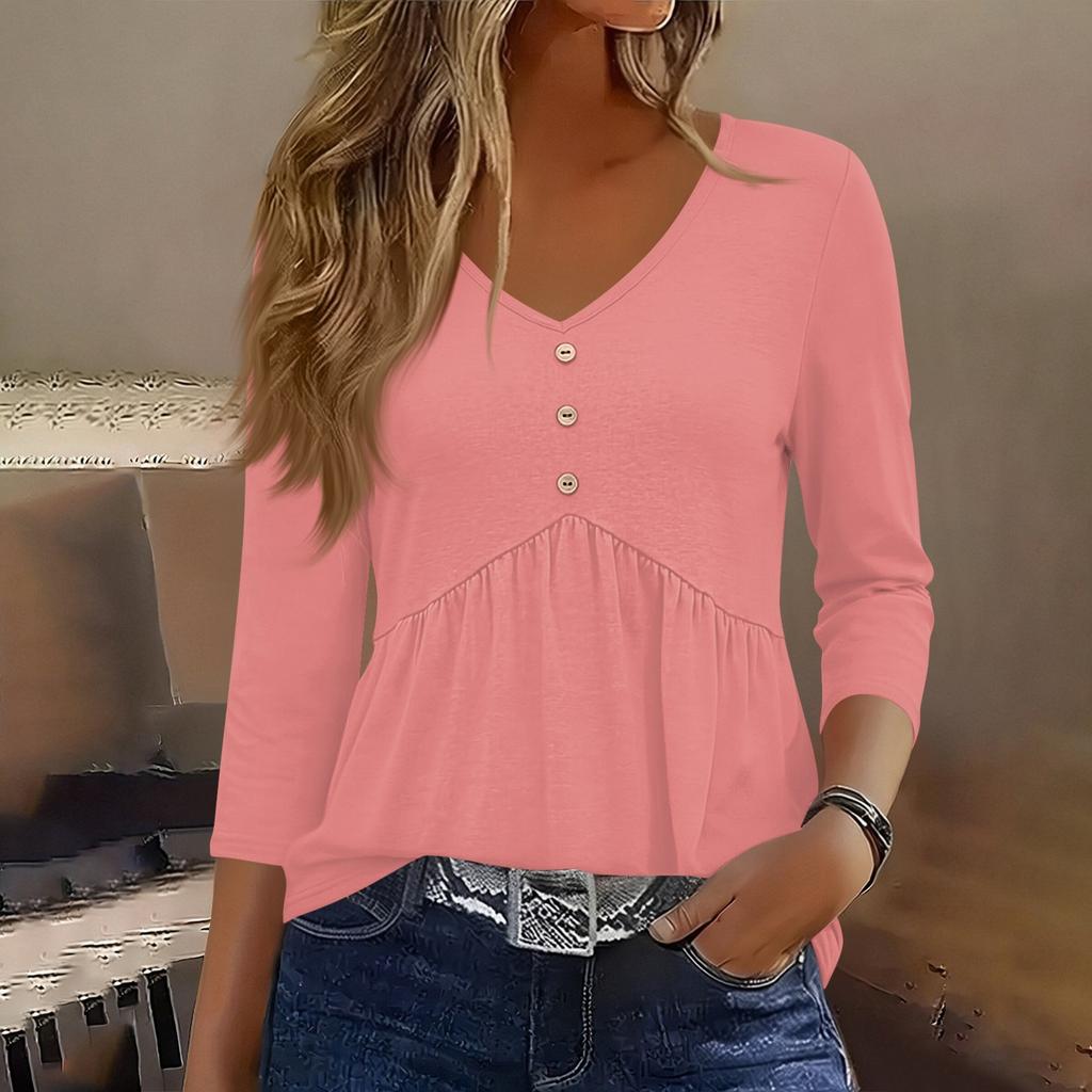 Womens 3/4 Sleeve V Neck Button Detail Solid Color Tunic Top Casual Loose Fit Blouse with Pockets