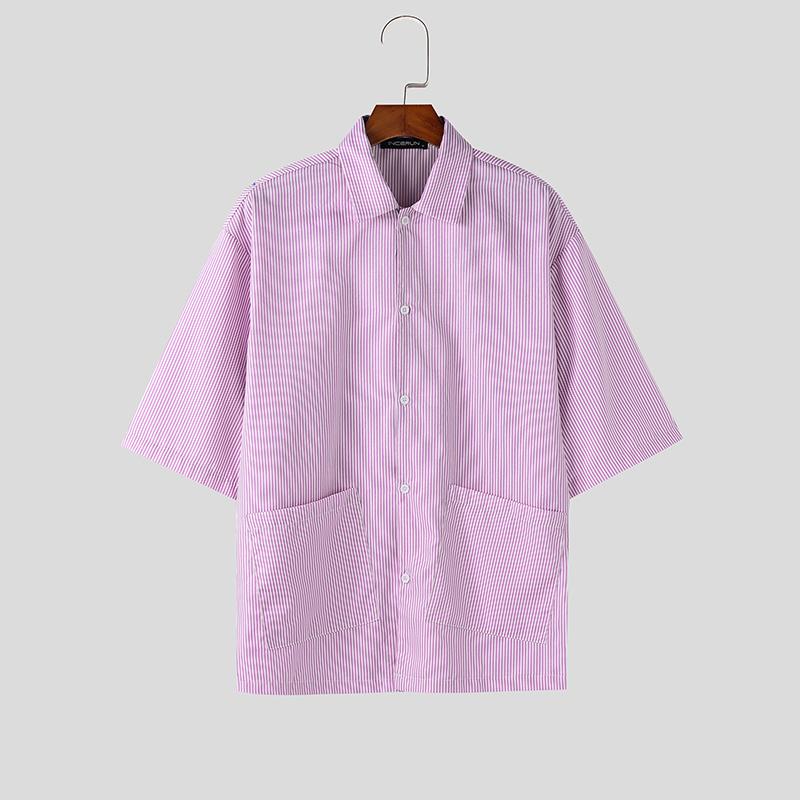 INCERUN Summer Men Lapel Neck Short Sleeve Striped Pockets Casual Oversized Shirts