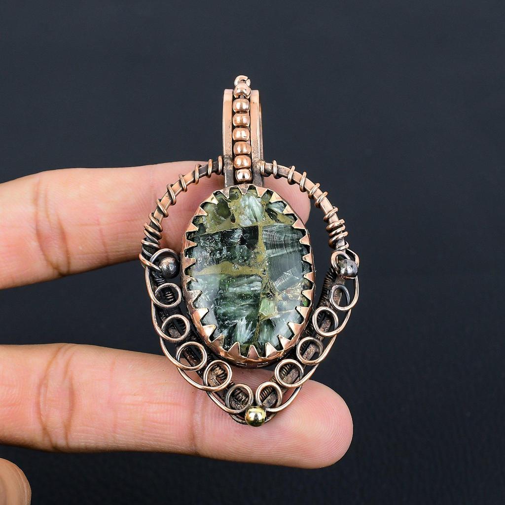 Copper Seraphinite Gemstone Pure Copper Wire Wrapped Handmade Wonderful Jewelry Pendant