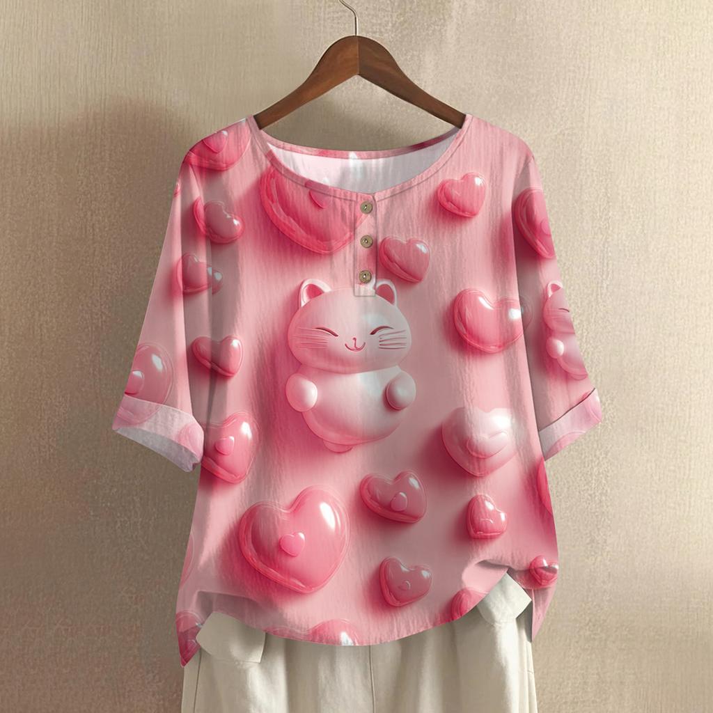 Damska koszulka z nadrukiem na Walentynki, casualowa, z krótkim rękawem, okrągłym dekoltem, z bawełny i lnu