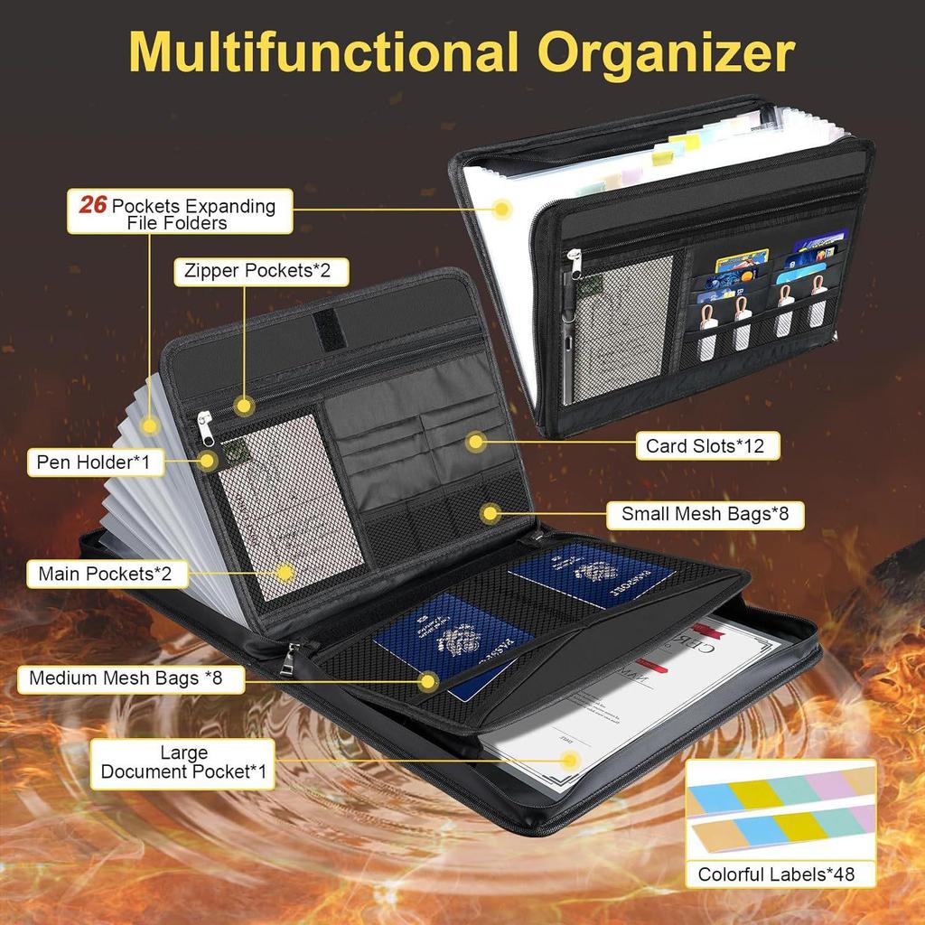 Waterproof Fireproof Document Bag & Foldable Accordion File Organizer with Large Capacity and Portable Storage