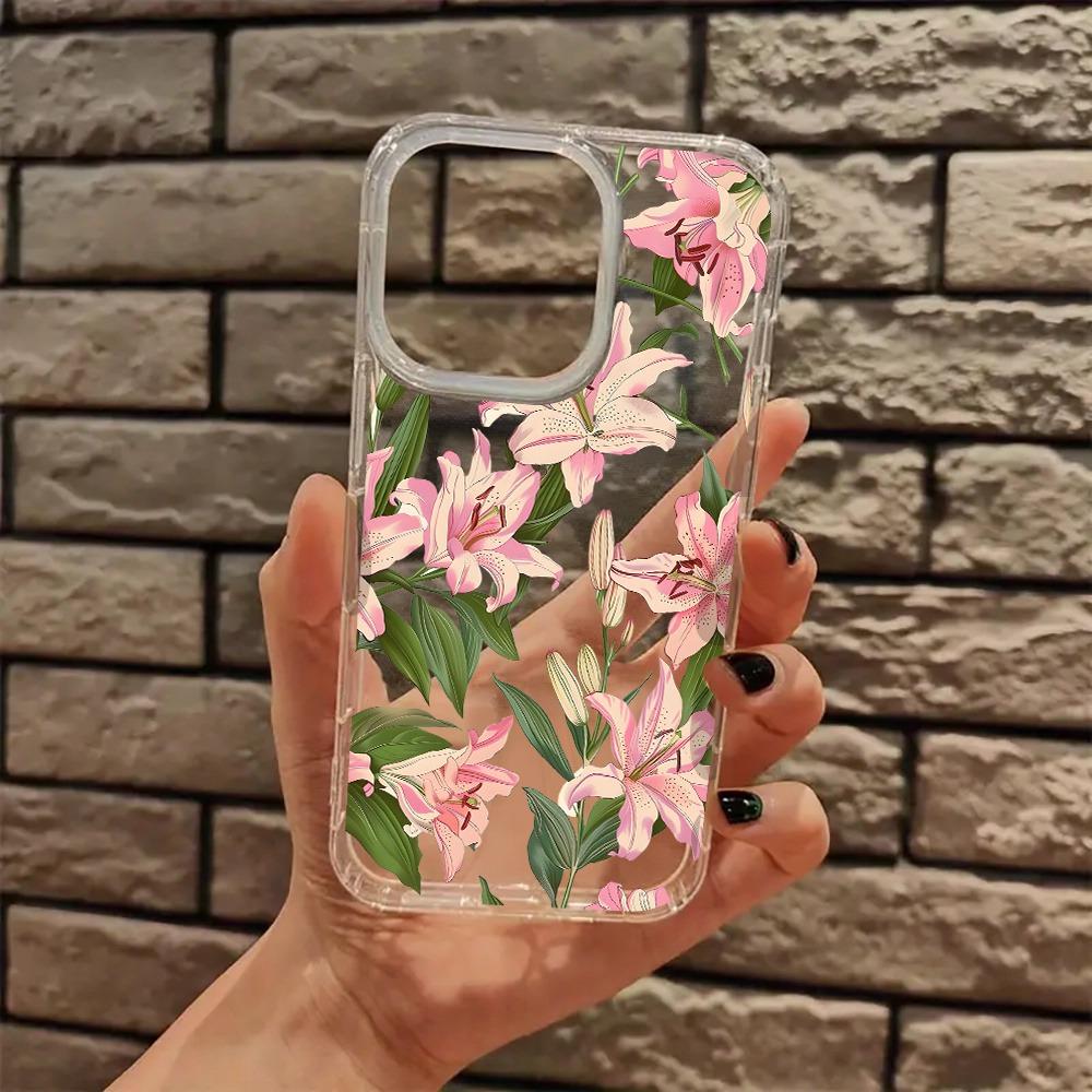 Transparent Pink Lily Flowers Phone Case For IPhone 16 11 12 13 14 15 17 Pro Max 16e 17e Plus Fashion Funda Durable Shell Cover