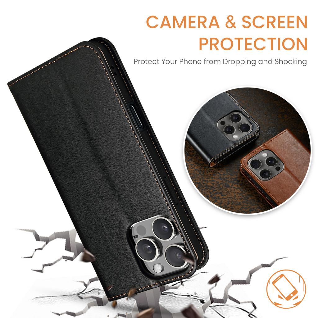 FIERRE SHANN For iPhone 16 Pro Max Case PU Leather Flip Stand Wallet Phone Cover