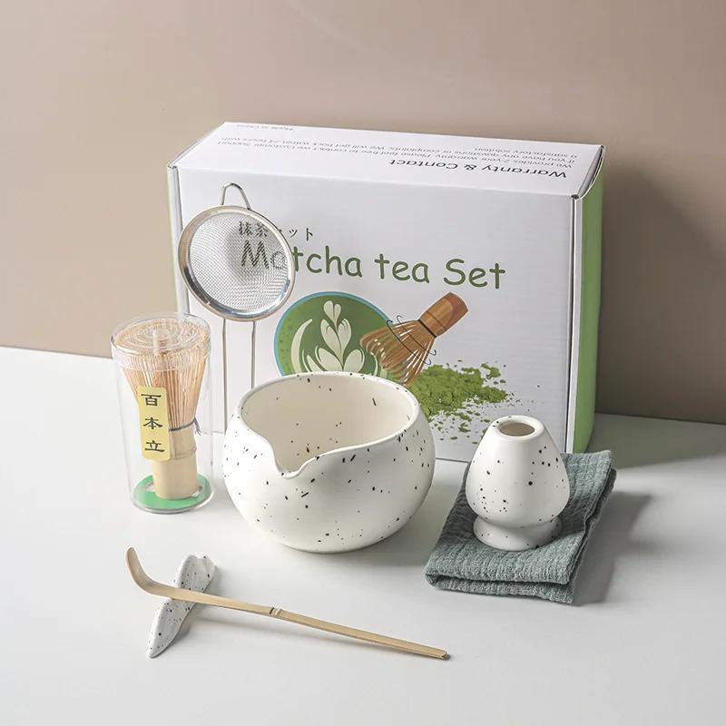 1-8 Ceramic Matcha Sand Dot Small Round Bowl With Pouring Spout Smooth Matcha Whisk Holder Reusable Matcha Making Kit Tea Lovers