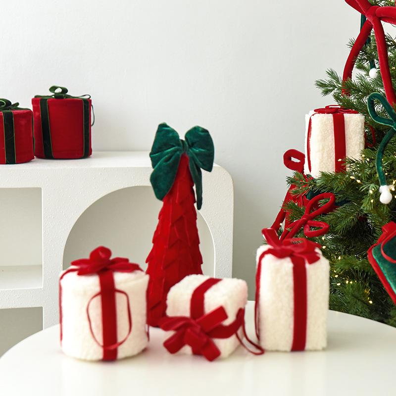 Velvet Bow Flocked Cloth Gift Box Ornament for Christmas Tree and Wall Decoration
