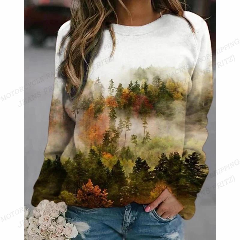 Vintage Hoodie Women Fashion O-neck Hoodies Scenery Print Sweats Women Hoodies Sweatshirts Long Sleeve Coat Crew Neck Pullovers
