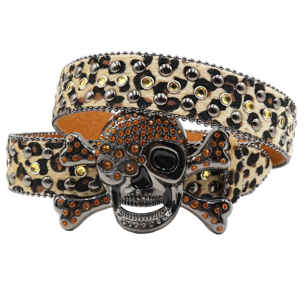 Leopard Print Rhinestone Belt for Women Skull Belt for Women Inlaid with Diamonds Fashion Punk Dark Style Personalized Trend Belt