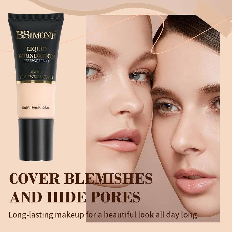Bsimone Coverage Foundation Long-Lasting Oil Control Waterproof Liquid Foundation Matte Finish Concealer With Sponge Brush Head