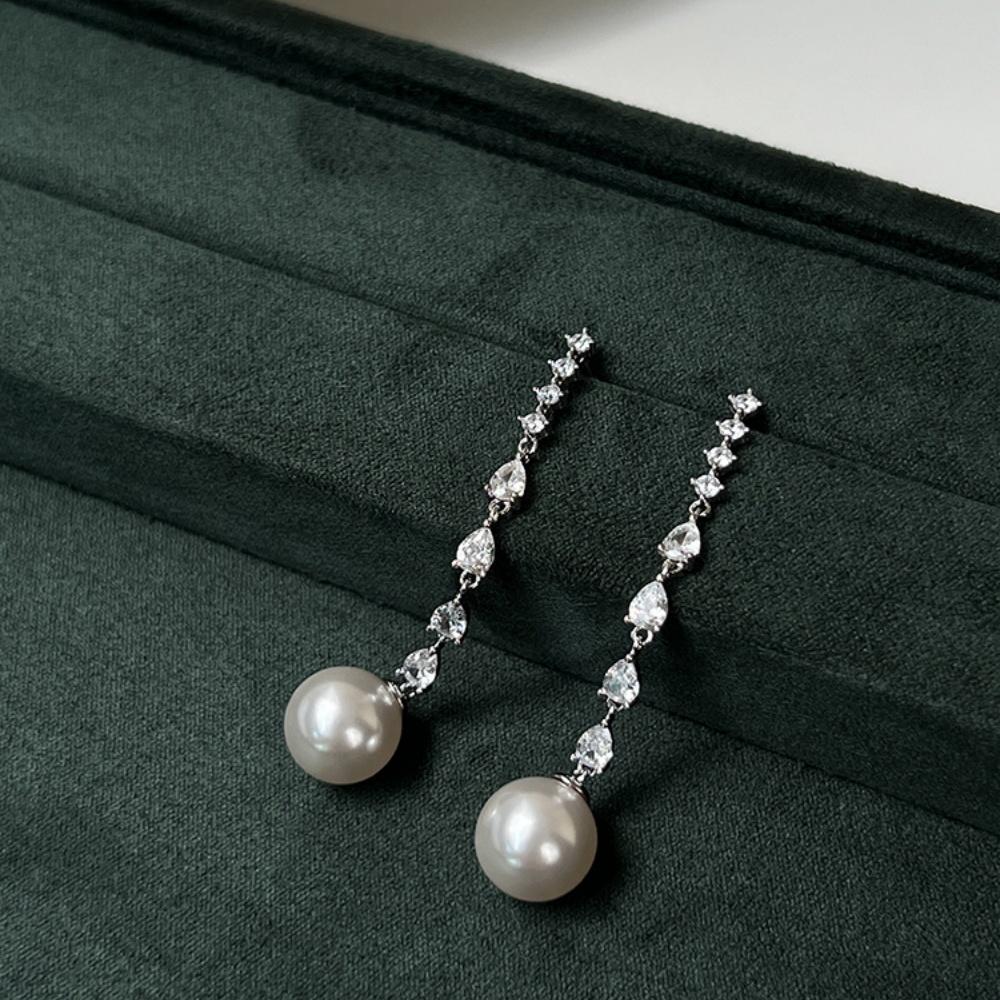 Silver Color Long Tassel Gray Pearl Pendant Earrings For Women Elegance Temperament Shiny Zircon Jewelry Mother's Day Gift