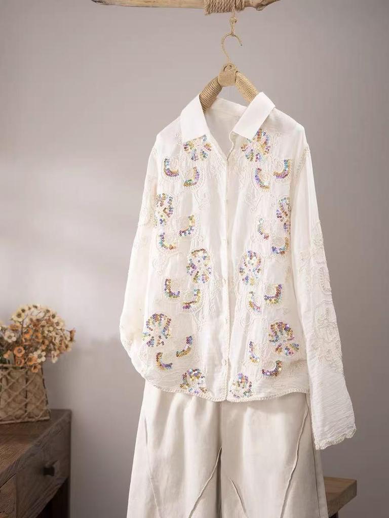 Women's Retro Floral Embroidered Cotton Shirt with Beaded Sequins - Long Sleeve, Loose Fit